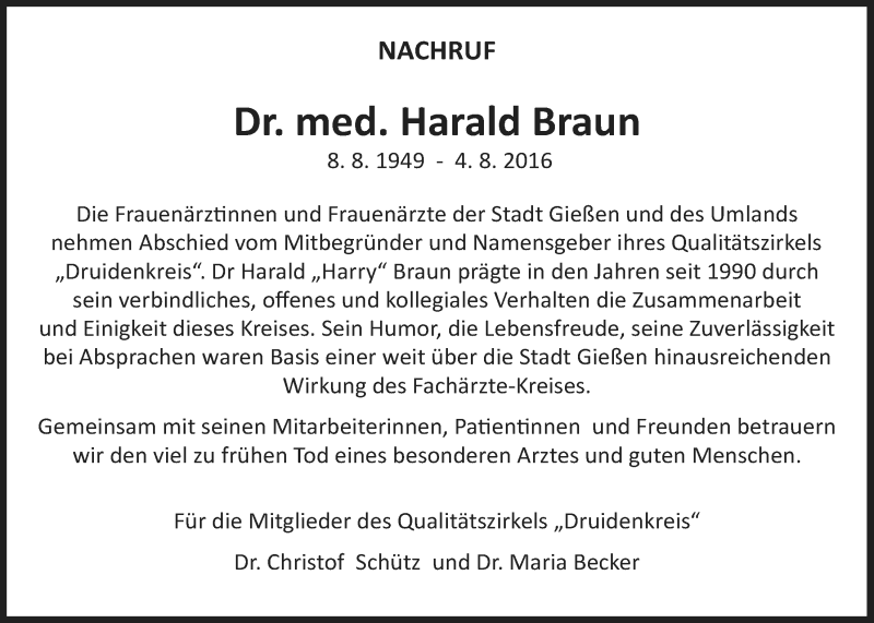  Traueranzeige für Harald Braun vom 24.09.2016 aus Gießener Allgemeine, Alsfelder Allgemeine