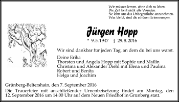 Traueranzeige von Jürgen Hopp von Gießener Allgemeine, Alsfelder Allgemeine