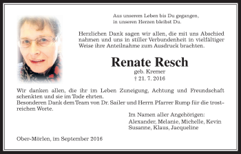 Traueranzeige von Renate Resch von Wetterauer Zeitung, Wetterauer Zeitung