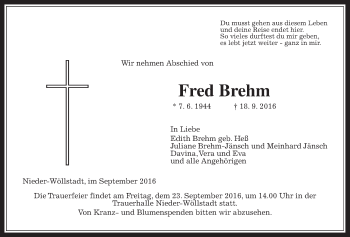 Traueranzeige von Fred Brehm von Wetterauer Zeitung, Wetterauer Zeitung
