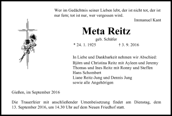 Traueranzeige von Meta Reitz von Gießener Allgemeine, Alsfelder Allgemeine