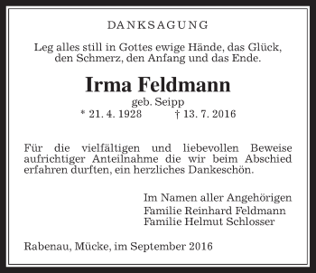 Traueranzeige von Irma Feldmann von Gießener Allgemeine, Alsfelder Allgemeine