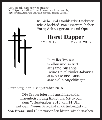 Traueranzeige von Horst Dapper von Gießener Allgemeine, Alsfelder Allgemeine