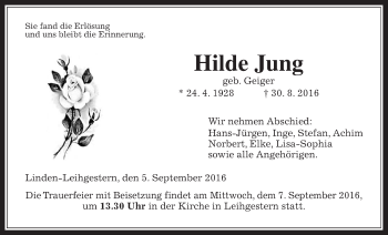 Traueranzeige von Hilde Jung von Gießener Allgemeine, Alsfelder Allgemeine