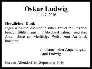 Traueranzeige von Oskar Ludwig von Gießener Allgemeine, Alsfelder Allgemeine