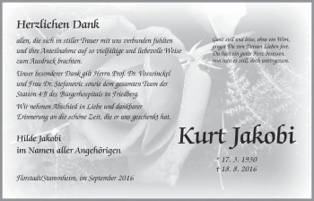 Traueranzeige von Kurt Jakobi von Wetterauer Zeitung, Wetterauer Zeitung