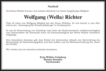 Traueranzeige von Wolfgang (Wella) Richter von Heimatzeitung Grünberg + Laubach, Laubacher Anzeiger