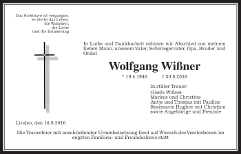 Traueranzeige von Wolfgang Wißner von Gießener Allgemeine, Alsfelder Allgemeine, Wetterauer Zeitung, Wetterauer Zeitung