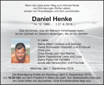 Traueranzeige von Daniel Henke von Alsfelder Allgemeine