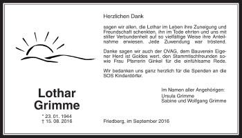 Traueranzeige von Lothar Grimme von Wetterauer Zeitung, Wetterauer Zeitung