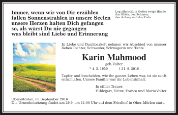 Traueranzeige von Karin Mahmood von Wetterauer Zeitung, Wetterauer Zeitung