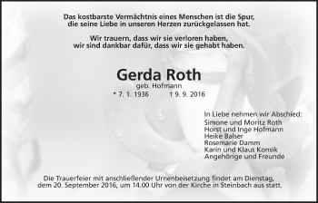 Traueranzeige von Gerda Roth von Gießener Allgemeine, Alsfelder Allgemeine