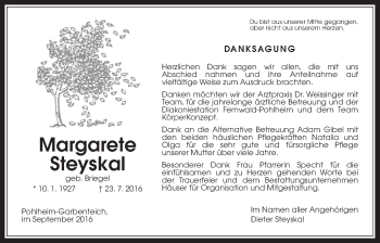 Traueranzeige von Margarete Steyskal von Pohlheimer Nachrichten