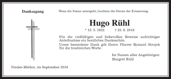Traueranzeige von Hugo Rühl von Wetterauer Zeitung, Wetterauer Zeitung