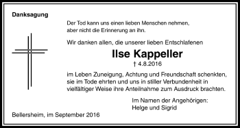 Traueranzeige von Ilse Kappeller von Licher Wochenblatt, Licher Wochenblatt, Licher Wochenblatt