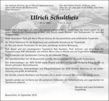 Traueranzeige von Ulrich Schultheis von Wetterauer Zeitung, Wetterauer Zeitung