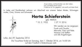 Traueranzeige von Herta Schieferstein von Gießener Allgemeine, Alsfelder Allgemeine