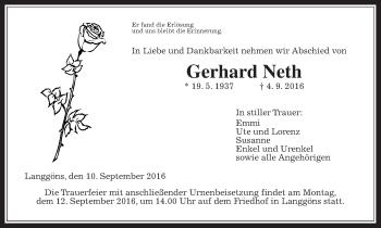 Traueranzeige von Gerhard Neth von Gießener Allgemeine, Alsfelder Allgemeine