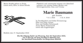 Traueranzeige von Marie Baumann von Wetterauer Zeitung, Wetterauer Zeitung