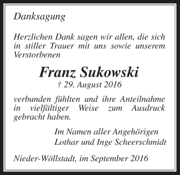 Traueranzeige von Franz Sukowski von Gießener Allgemeine, Alsfelder Allgemeine, Wetterauer Zeitung, Wetterauer Zeitung