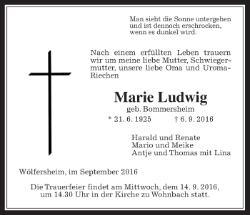 Traueranzeige von Marie Ludwig von Wetterauer Zeitung, Wetterauer Zeitung