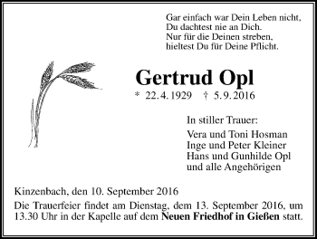 Traueranzeige von Gertrud Opl von Gießener Allgemeine, Alsfelder Allgemeine