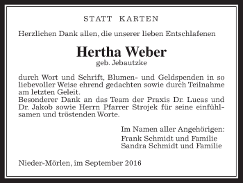 Traueranzeige von Hertha Weber von Wetterauer Zeitung, Wetterauer Zeitung