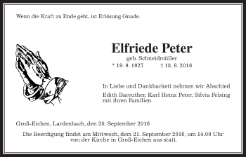 Traueranzeige von Elfriede Peter von Gießener Allgemeine, Alsfelder Allgemeine