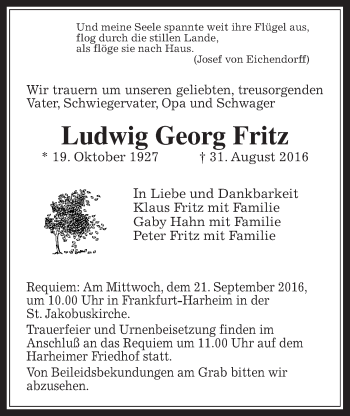 Traueranzeige von Ludwig Georg Fritz von Wetterauer Zeitung, Wetterauer Zeitung