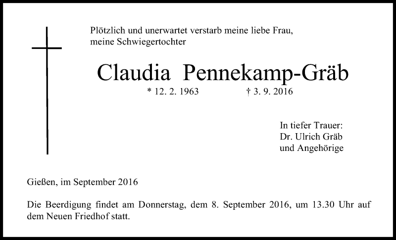  Traueranzeige für Claudia Pennekamp-Gräb vom 06.09.2016 aus Gießener Allgemeine, Alsfelder Allgemeine