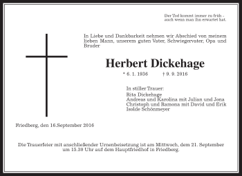 Traueranzeige von Herbert Dickehage von Wetterauer Zeitung, Wetterauer Zeitung