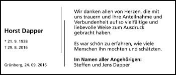 Traueranzeige von Horst Dapper von Gießener Allgemeine, Alsfelder Allgemeine