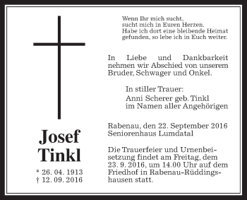 Traueranzeige von Josef Tinkl von Rabenauer Zeitung
