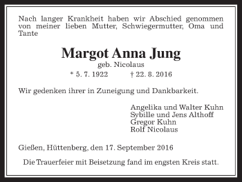 Traueranzeige von Margot Anna Jung von Gießener Allgemeine, Alsfelder Allgemeine
