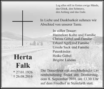 Traueranzeige von Herta Falk von Wetterauer Zeitung, Wetterauer Zeitung