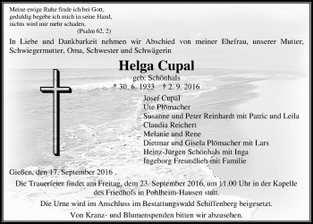 Traueranzeige von Helga Cupal von Gießener Allgemeine, Alsfelder Allgemeine