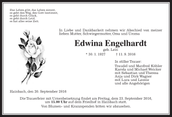Traueranzeige von Edwina Engelhardt von Alsfelder Allgemeine