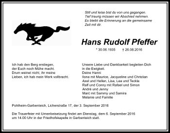 Traueranzeige von Hans Rudolf Pfeffer von Gießener Allgemeine, Alsfelder Allgemeine