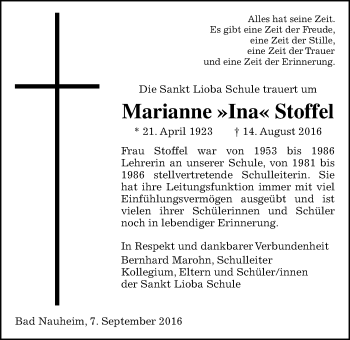 Traueranzeige von Marianne Stoffel von Wetterauer Zeitung, Wetterauer Zeitung