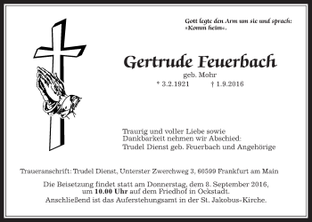 Traueranzeige von Gertrude Feuerbach von Wetterauer Zeitung, Wetterauer Zeitung