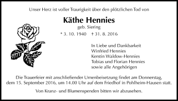 Traueranzeige von Käthe Hennies von Gießener Allgemeine, Alsfelder Allgemeine