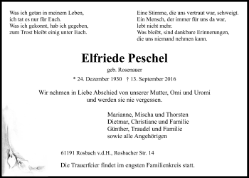 Traueranzeige von Elfriede Peschel von Wetterauer Zeitung, Wetterauer Zeitung