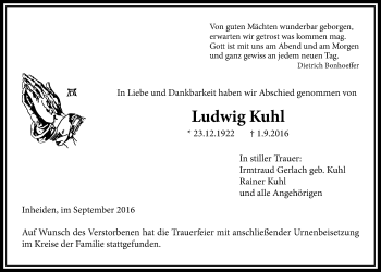 Traueranzeige von Ludwig Kuhl von Licher Wochenblatt, Licher Wochenblatt, Licher Wochenblatt