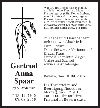 Traueranzeige von Gertrud Anna Spaar von Gießener Allgemeine, Alsfelder Allgemeine