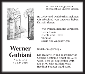 Traueranzeige von Werner Gubiani von Wetterauer Zeitung, Wetterauer Zeitung