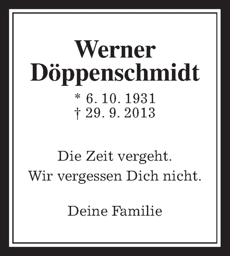  Traueranzeige für Werner Döppenschmidt vom 29.09.2016 aus Wetterauer Zeitung