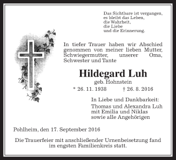 Traueranzeige von Hildegard Luh von Gießener Allgemeine, Alsfelder Allgemeine