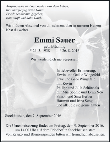 Traueranzeige von Emmi Sauer von Gießener Allgemeine, Alsfelder Allgemeine