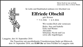 Traueranzeige von Elfriede Obschil von Gießener Allgemeine, Alsfelder Allgemeine