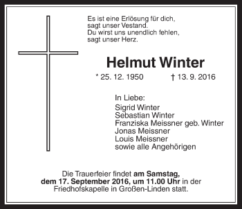 Traueranzeige von Helmut Winter von Gießener Allgemeine, Alsfelder Allgemeine